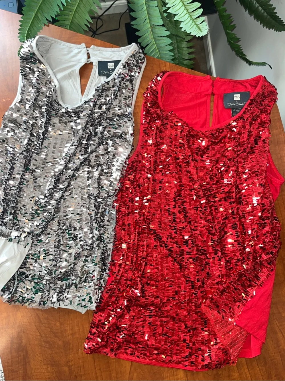 BOTH Sequin Party Tops Red & Silver Confetti Sequins Club Wear Drape Neck - Picture 1 of 15
